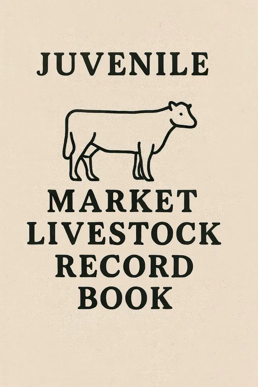 A cover titled "JUVENILE MARKET LIVESTOCK RECORD BOOK" featuring a simple line drawing of a cow in the center.
