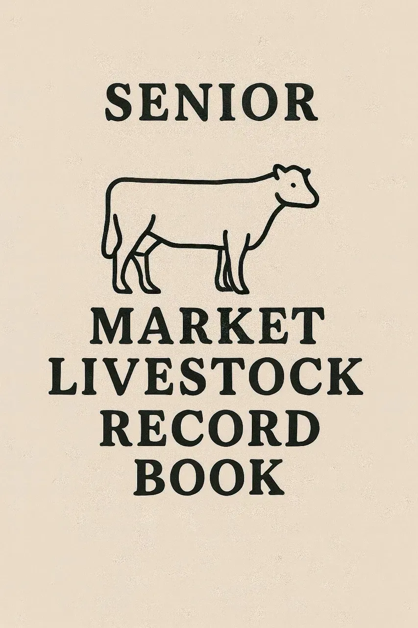 Title page for a "Senior Market Livestock Record Book," featuring a line drawing of a cow centered in black text.