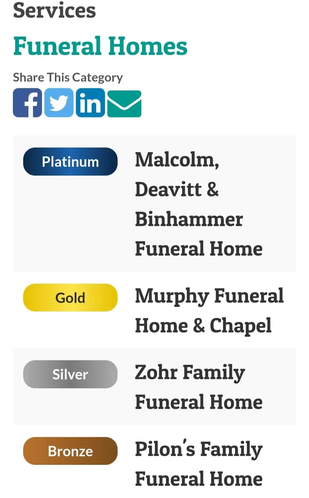 Services page listing funeral homes by tier: Platinum, Gold, Silver, and Bronze with social share icons.