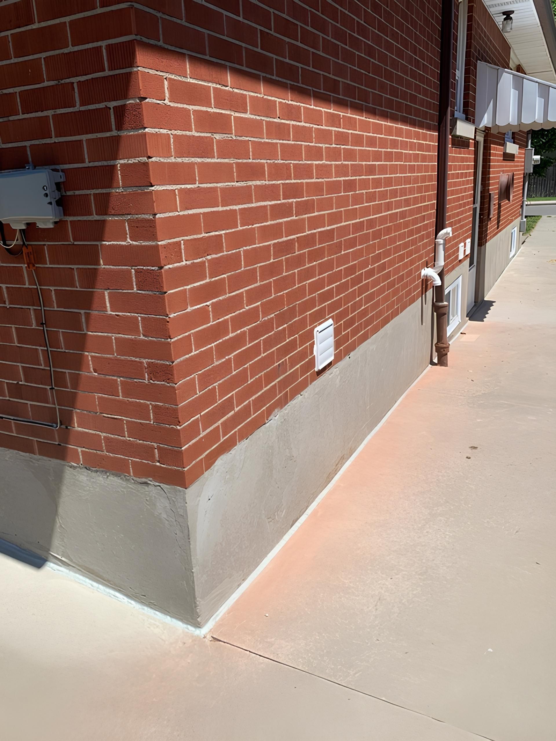 Red brick building corner with light gray concrete base, beige sidewalk.
