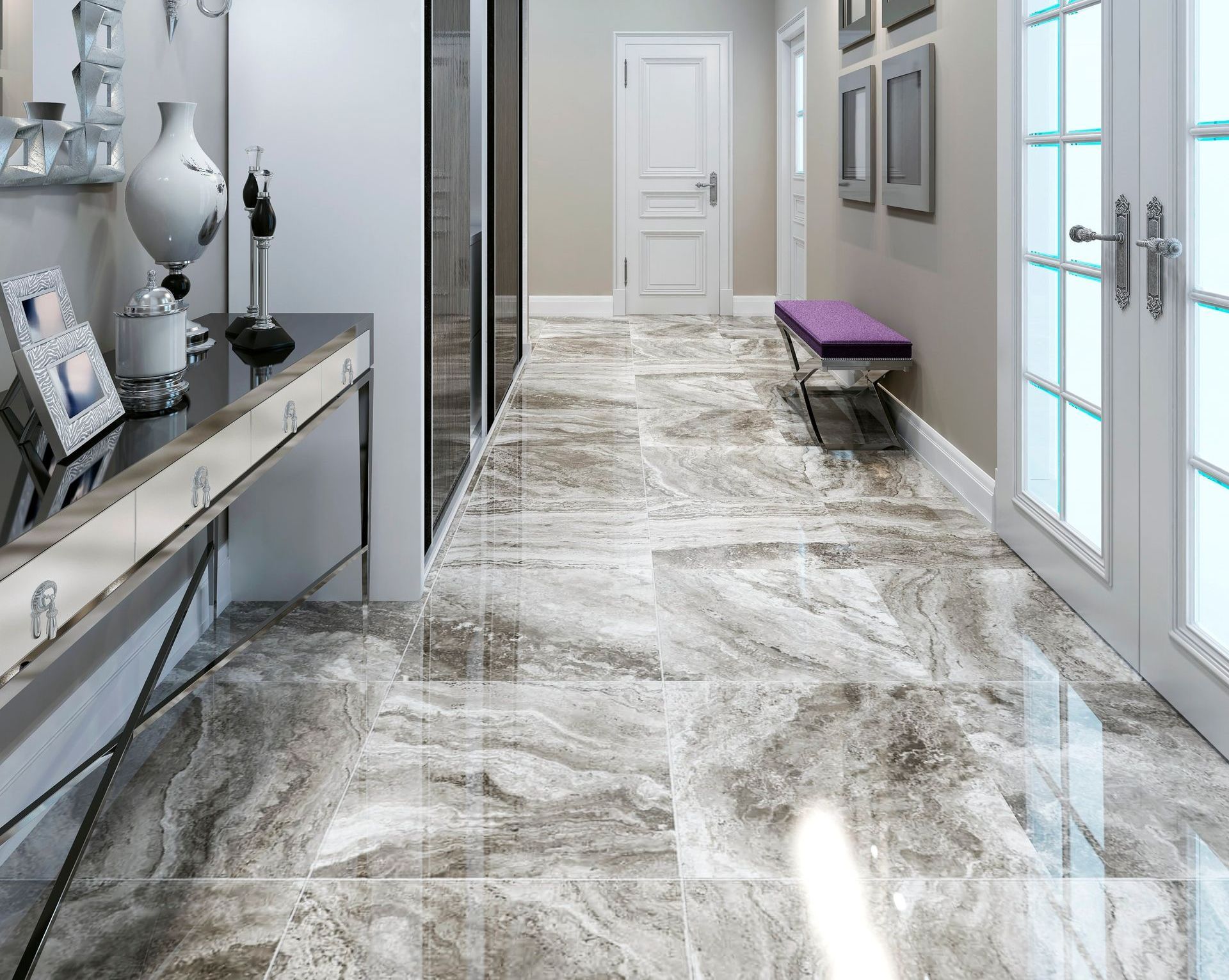 A hallway with a marble floor and a purple bench.