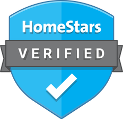 HomeStars Verified badge with blue shield, gray ribbon, and white checkmark