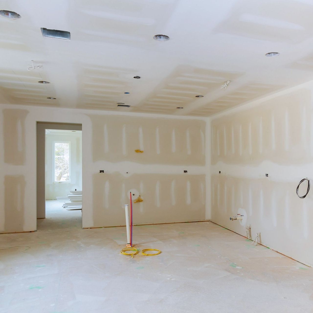 An empty room with drywall on the walls and ceiling