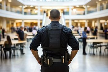 Security guard standing in a busy airport terminal with hands on hips