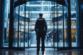 Security guard standing at the entrance of a modern glass office building at night