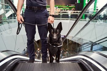 Service dog on an escalator beside a handler in a mall