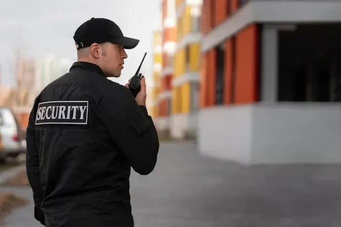 Security guard in black uniform and cap holding a radio outside a building