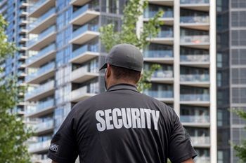 Security guard in black shirt standing before modern apartment buildings