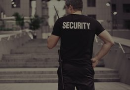 Security guard standing with hand on hip in front of building steps