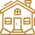 Gold outline icon of a house with a roof, windows, chimney, and porch steps