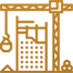 Stylized orange construction crane lifting a building frame icon
