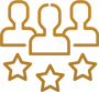 Three gold user icons above two gold star ratings on a white background