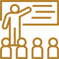 Presenter pointing at a board in front of an audience icon in brown outline