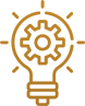 Gold lightbulb with gear inside and small rays around it, symbolizing ideas or innovation