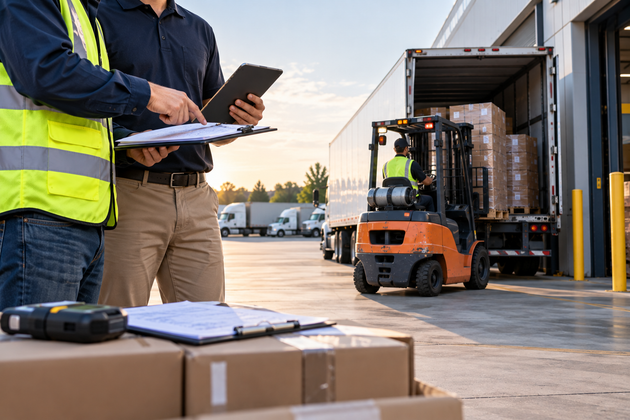 Person in blue shirt handing two stacked cardboard boxes to another person.