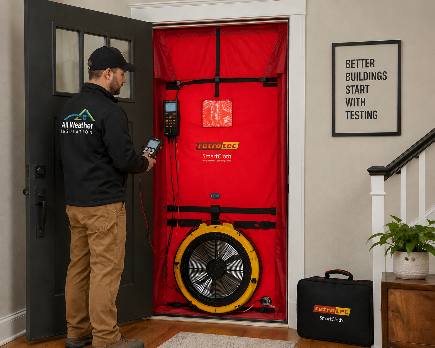 Technician testing a red door blower system in a home entryway with a fan and pressure gauge.