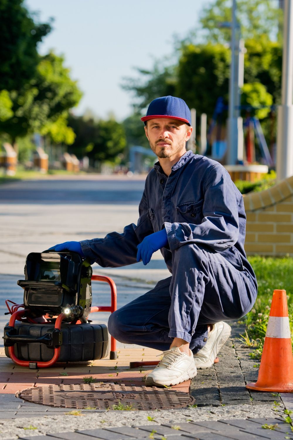 Worker crouching beside a portable generator on a street, with traffic cones and a brick wall nearby.