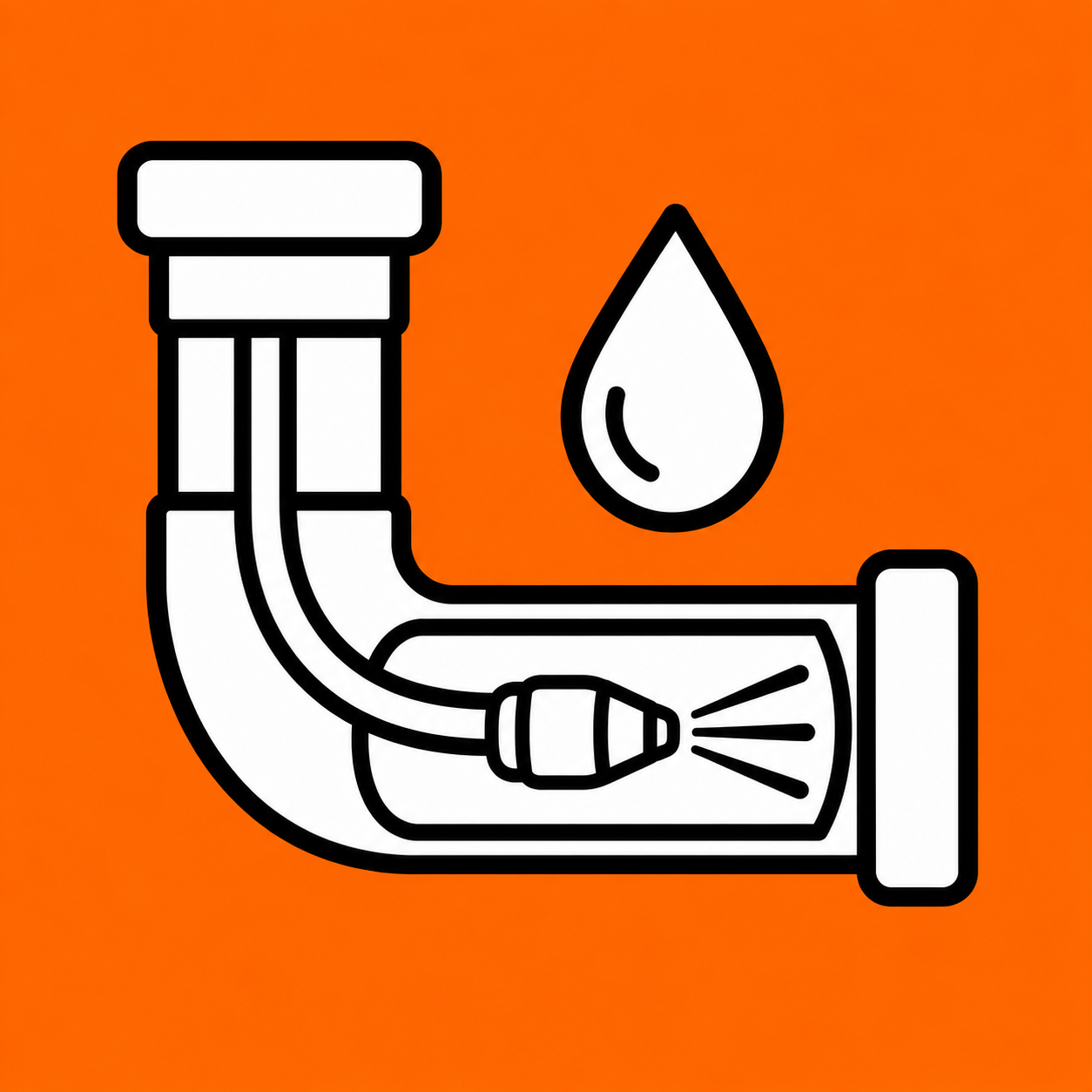 White leaky pipe with a water drop on an orange background