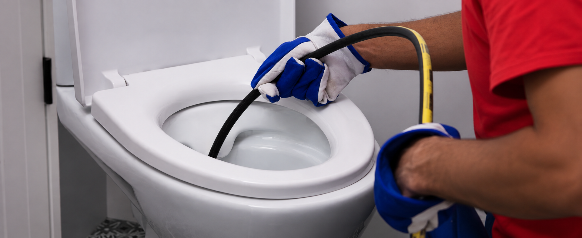 Gloved worker cleaning a white toilet with a hose in a bathroom