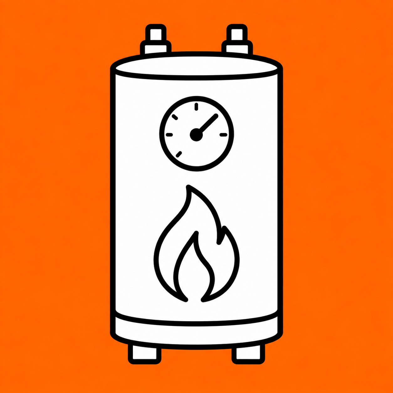 White gas water heater with gauge and flame icon on an orange background