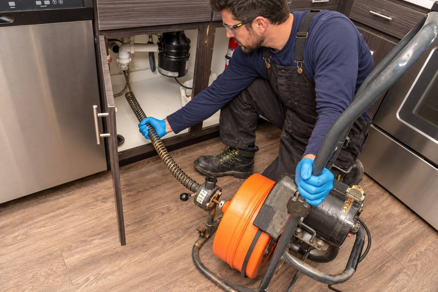 Plumber using a drain snake to clear a kitchen drain under the sink