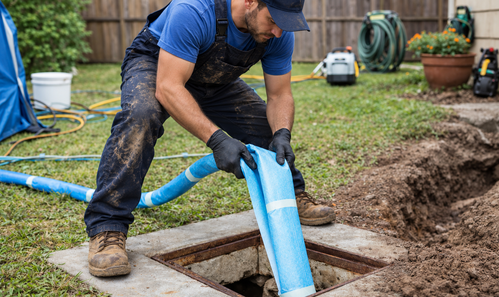 Worker in blue shirt and gloves installing a blue pipe beside a muddy trench in a yard.