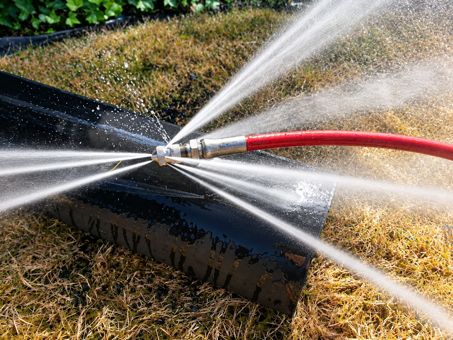 Garden hose spraying water onto a black curb and dry grass, with a red hose attached.