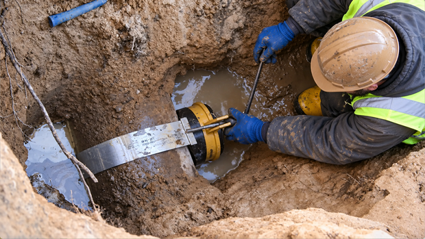 Worker in hard hat and blue gloves repairing a pipe in a muddy trench with water nearby