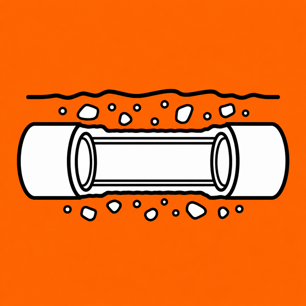 White pipe laid in orange soil with rocks around it, shown in a simple diagram style