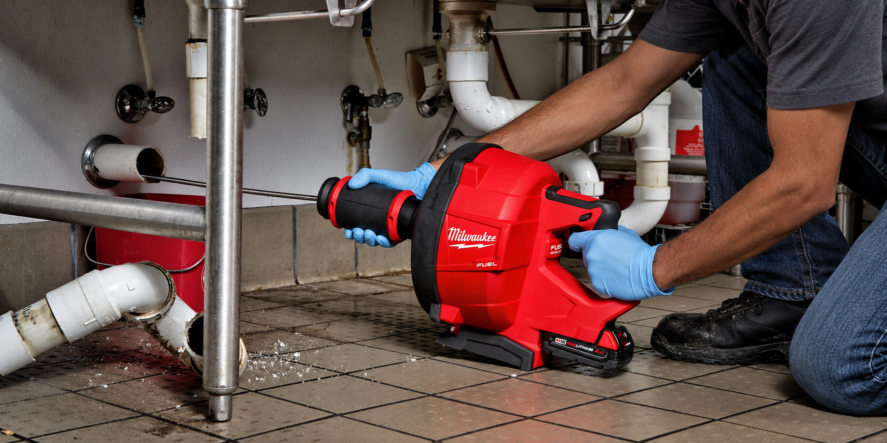 Plumber using a red pipe inspection machine under a sink in a tiled room