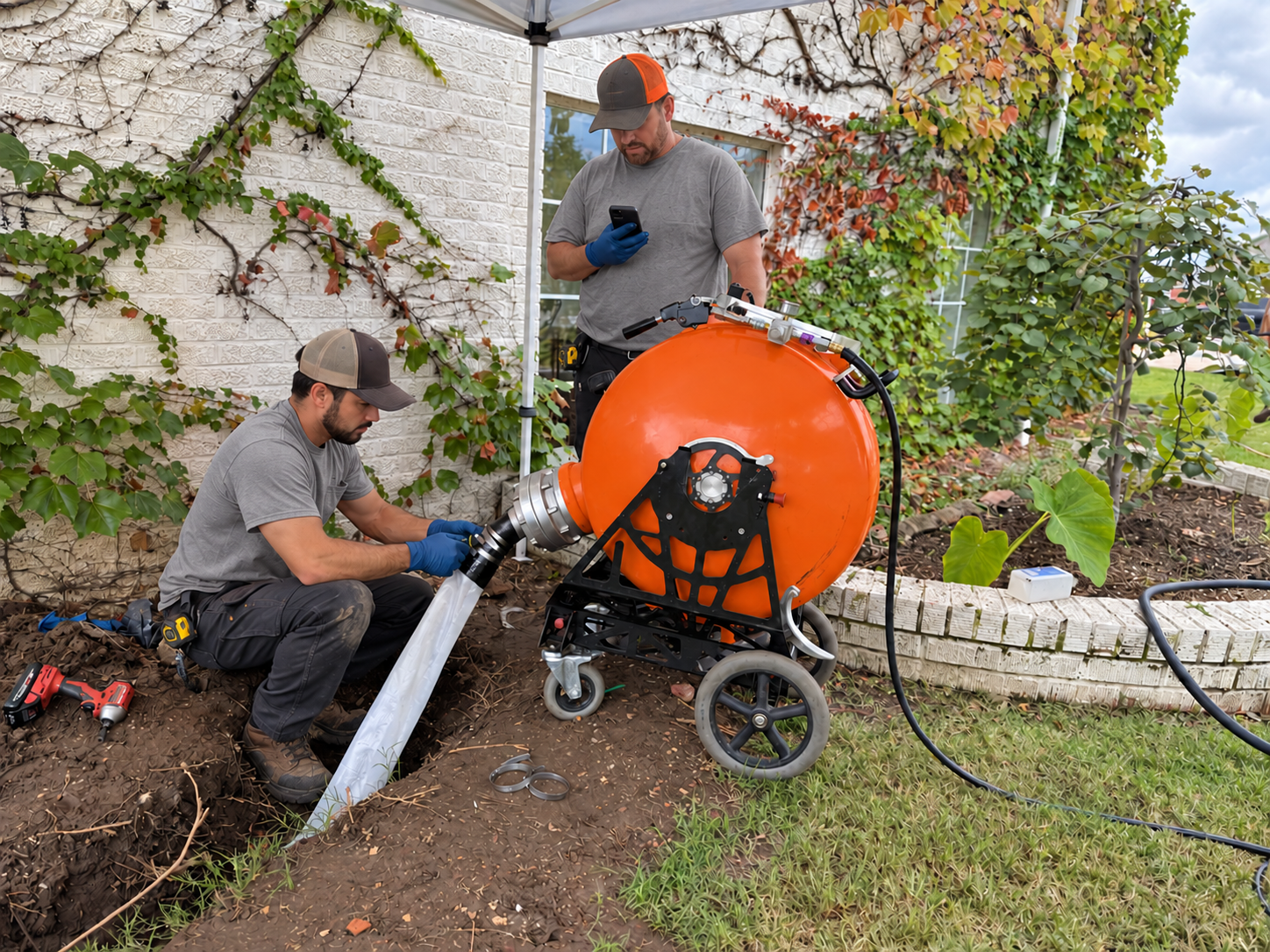 Two workers install a bright orange machine beside a house in a garden yard.