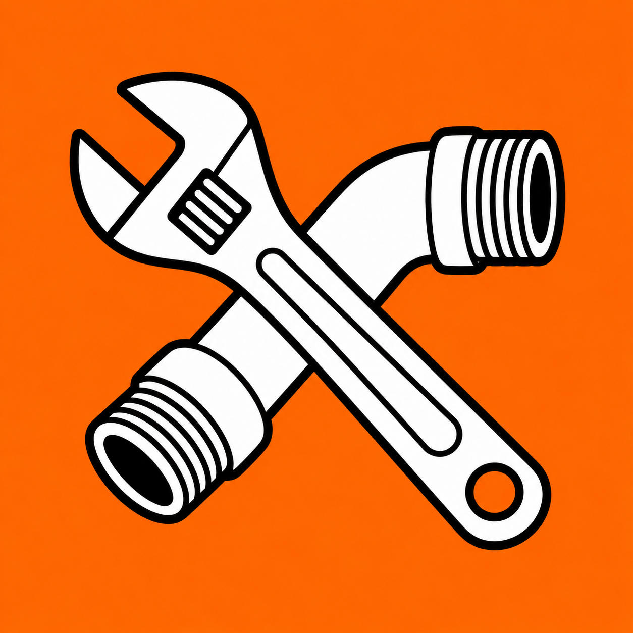 Crossed wrench and plumbing pipe icon on orange background