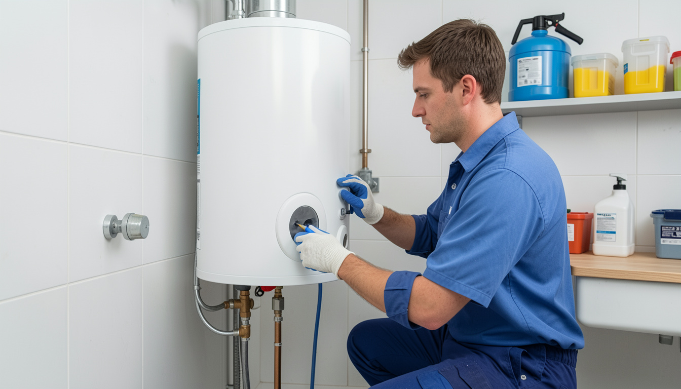 Plumber servicing a white water heater in a utility room with tools on a shelf