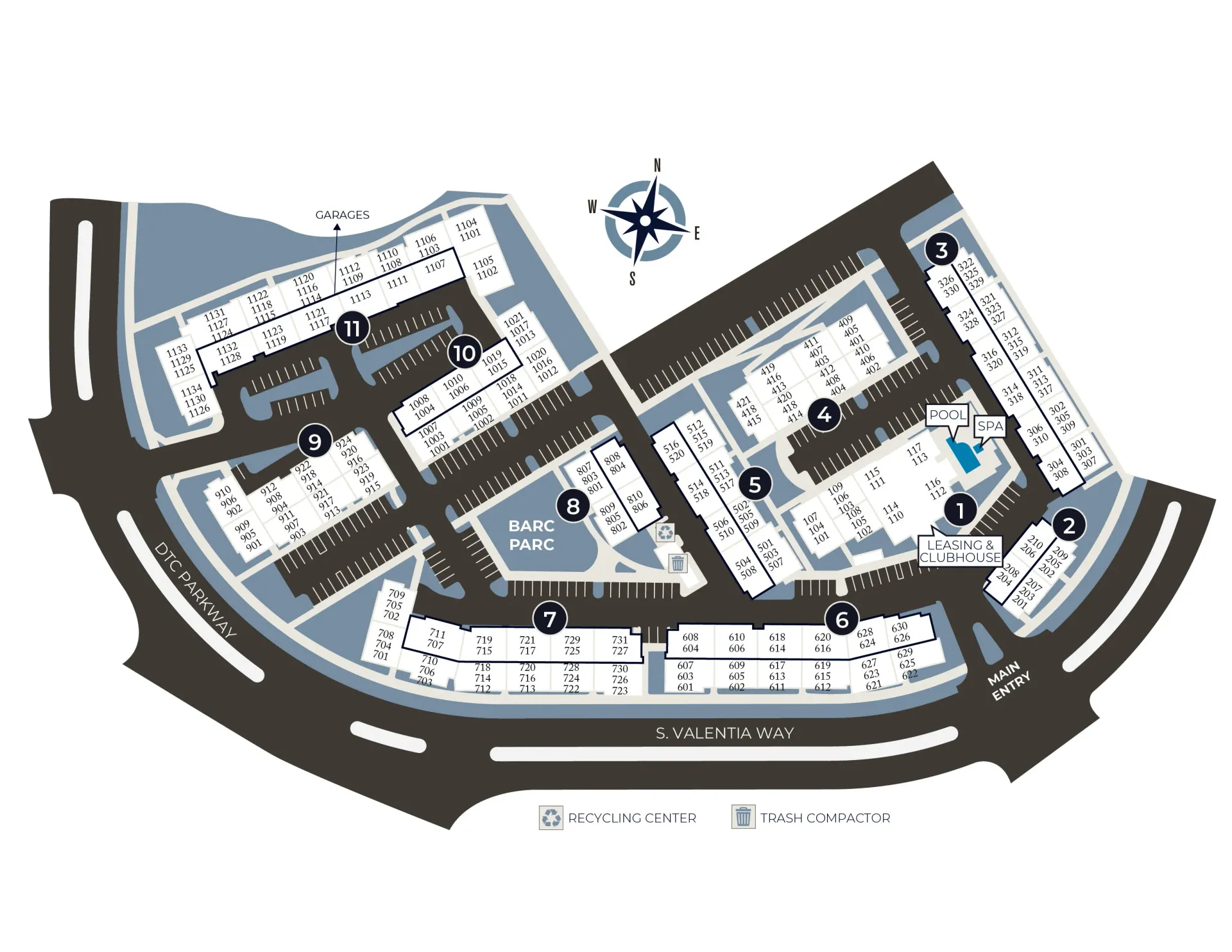 Apartment complex map with labeled buildings, roads, and amenities like a pool. Blue and white color scheme.