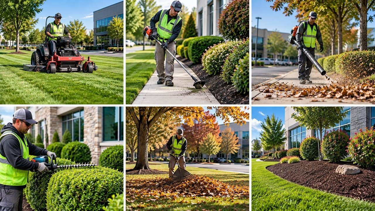 Commercial lawn care services including mowing, edging, cleanup, shrub maintenance and seasonal property care