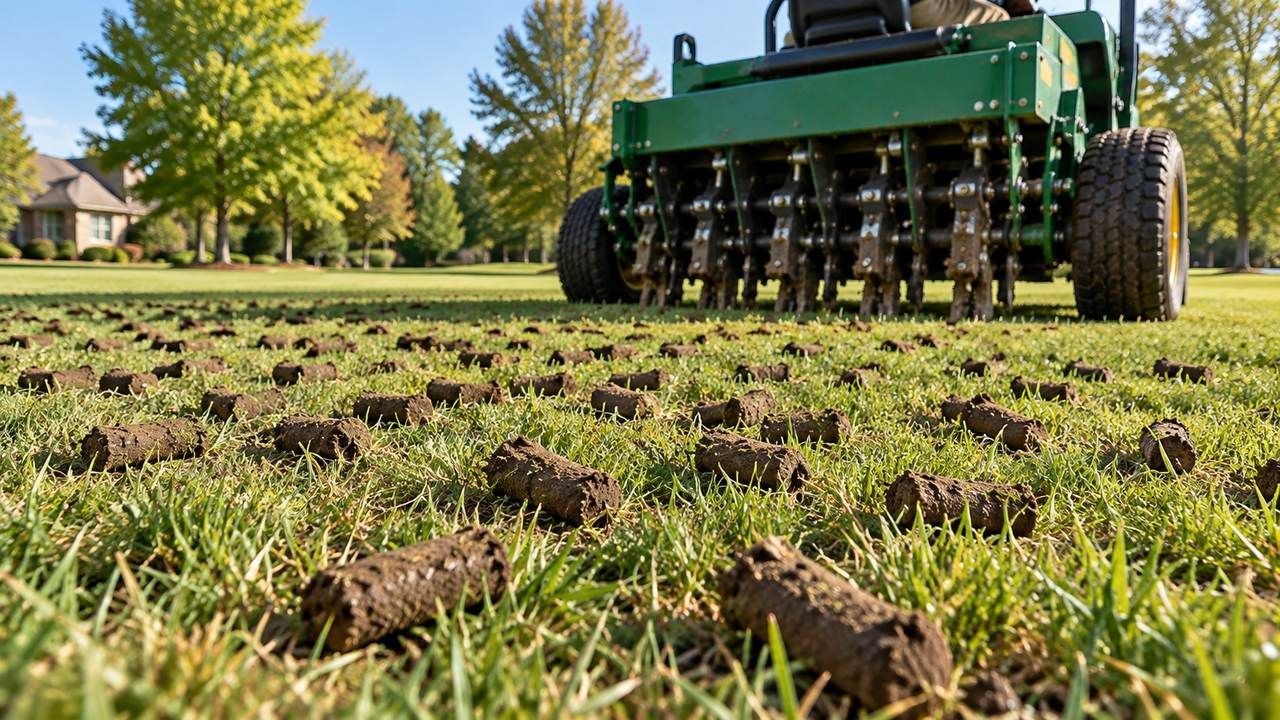 Core aeration equipment creating soil plugs on a lawn in Chesterfield, VA