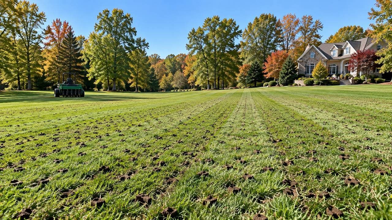 Large Central Virginia property after professional core aeration and overseeding