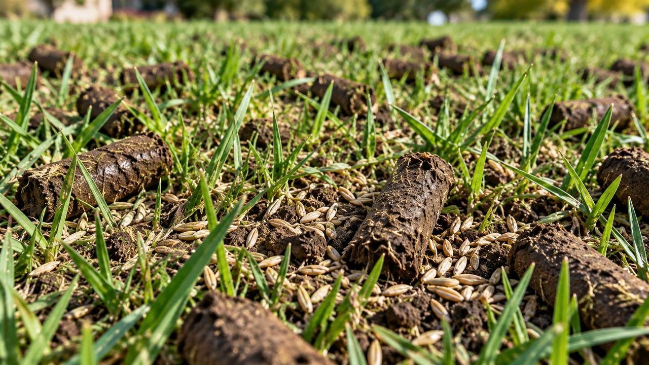 Grass seed applied to a freshly core-aerated lawn in Chesterfield, VA