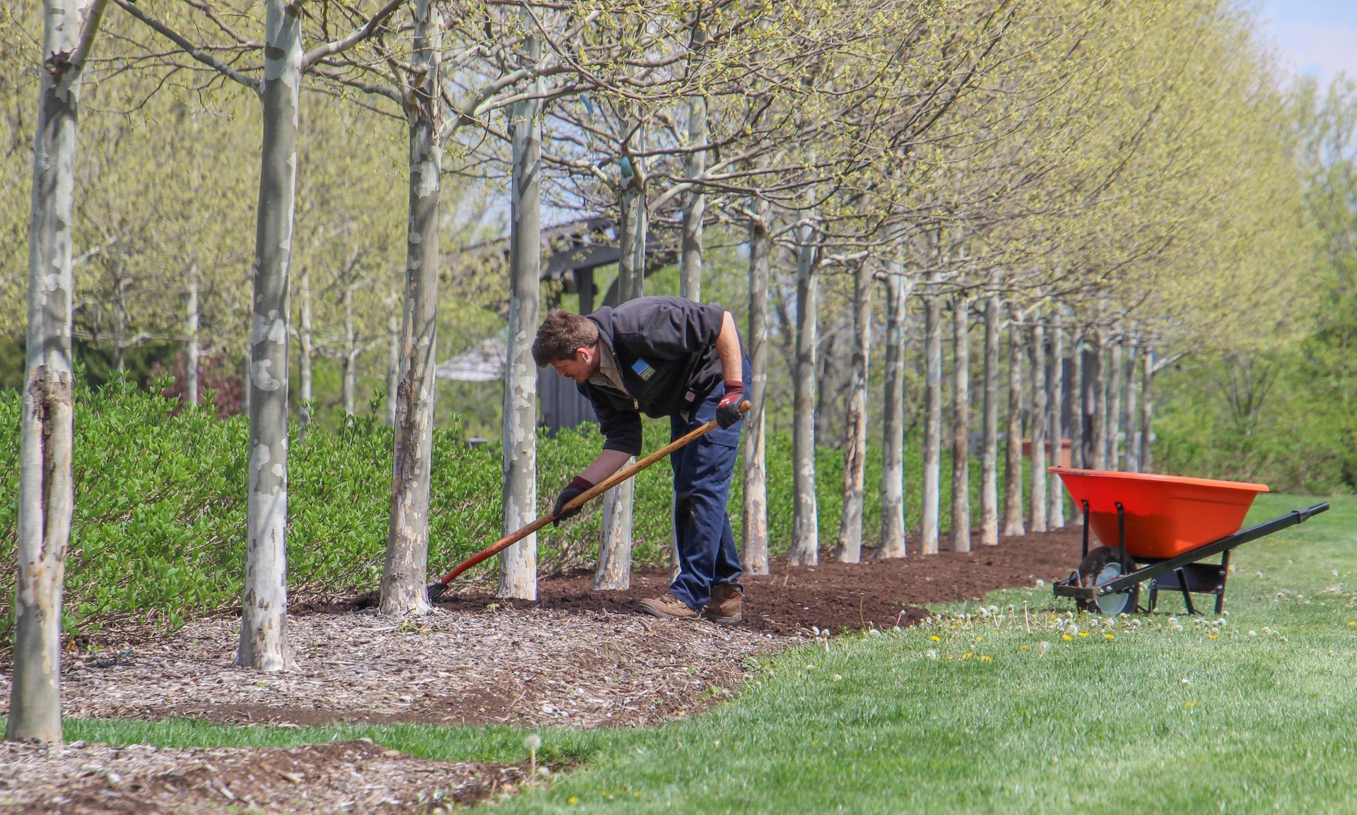 H&H Outdoor Services maintaining landscape beds at a commercial property