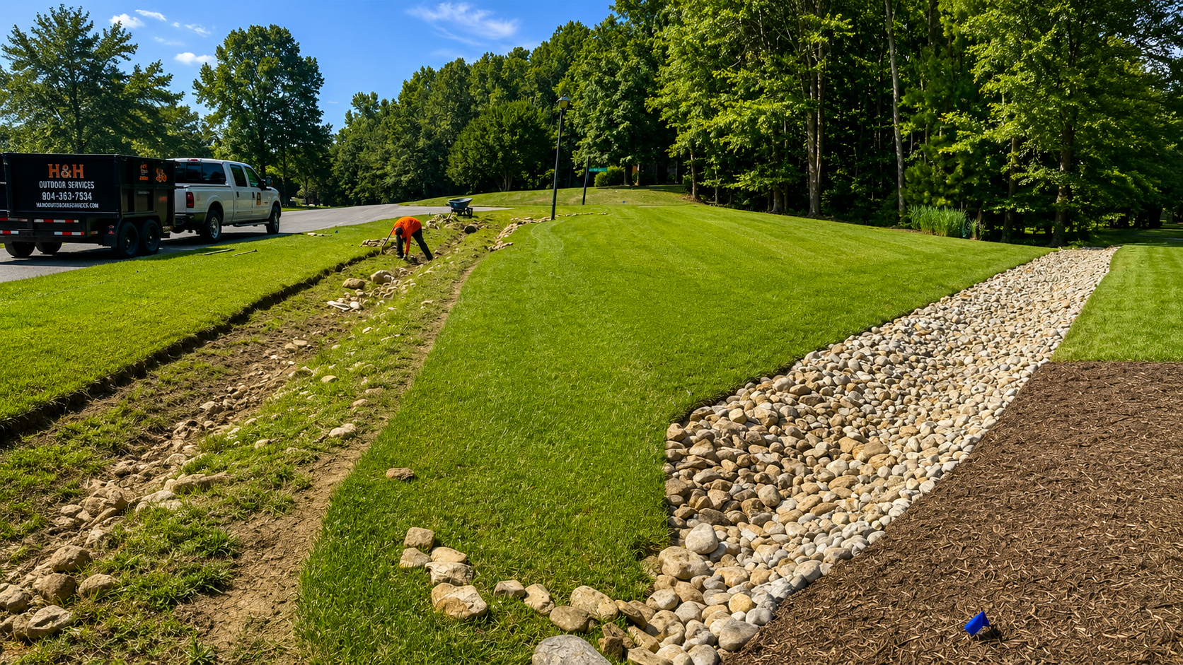 drainage solutions, landscaping, landscape design, mulching