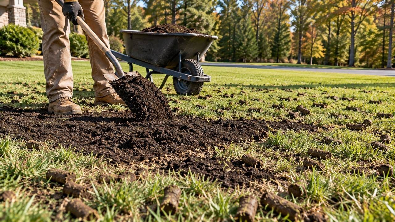 Topsoil being added to bare areas of an aerated lawn before overseeding in Chesterfield, VA