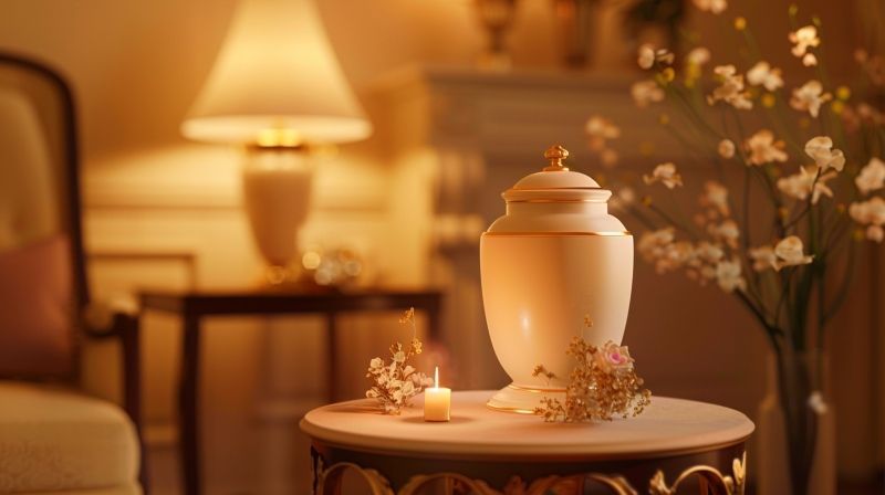 cremation services Dearborn, MI memorial urn with candle on table in warm, softly lit room.