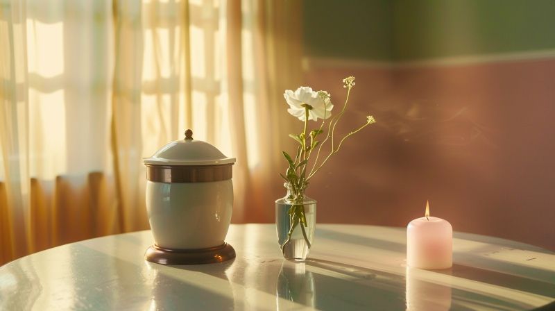 cremation services Lincoln, MI urn on table with lit candle and white flower vase in warm sunlight.