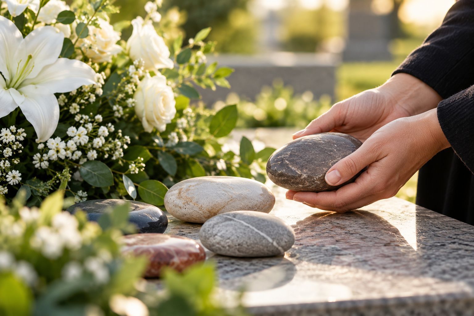 Parting Stones with flowers creating a personal remembrance in Dearborn, MI