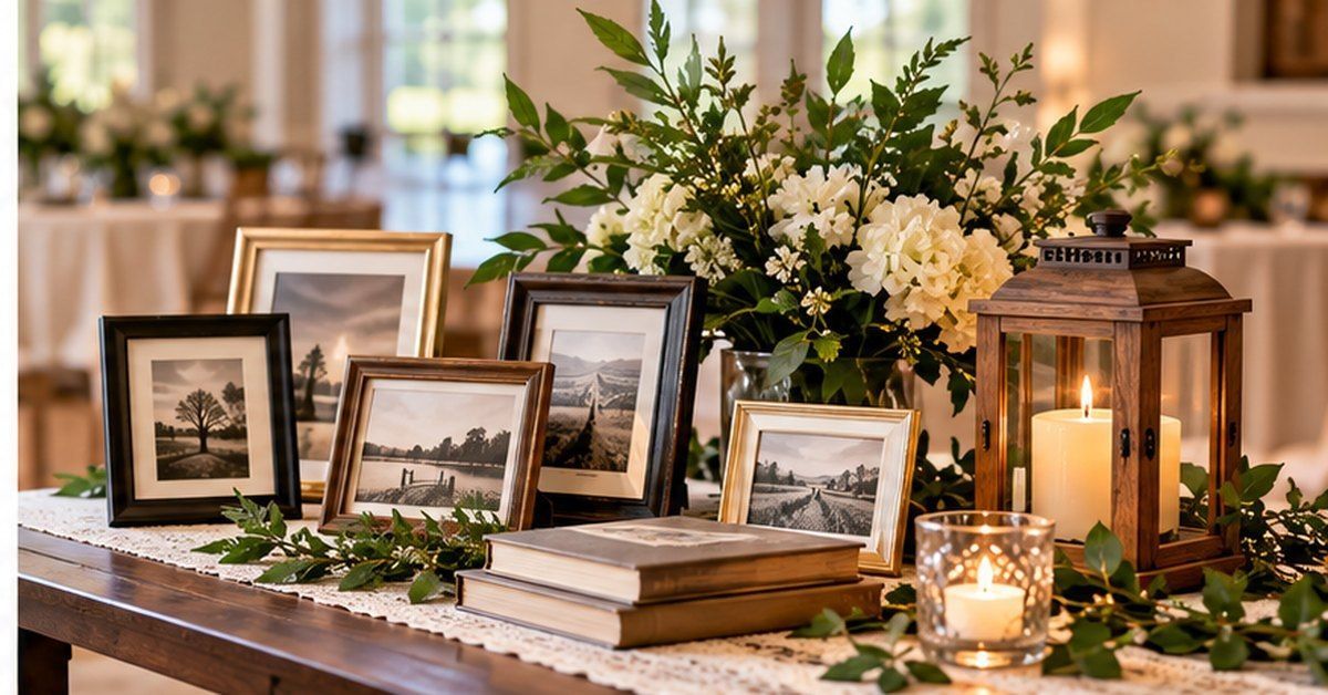  Framed remembrance photographs and a candle for a family gathering in Taylor, MI.