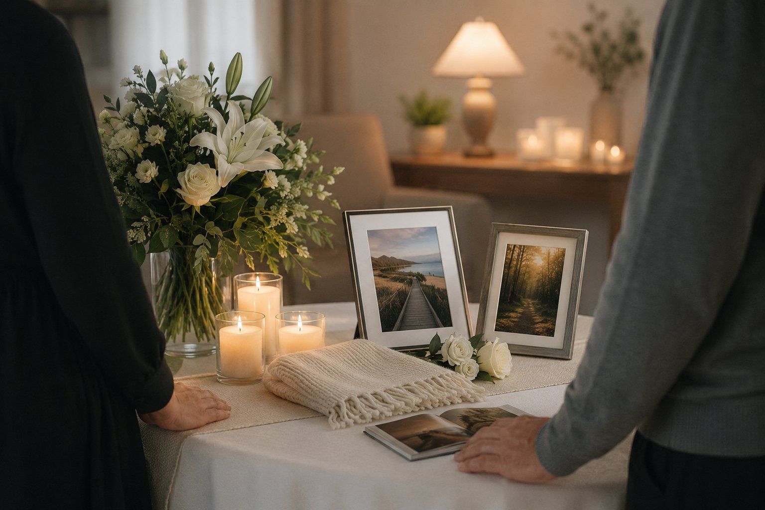 Family viewing memorial photos, flowers, and candles in a peaceful setting in Lincoln, MI.