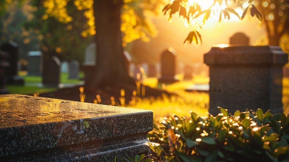 funeral home and cremations Dearborn, MI cemetery at sunset with granite headstones and golden light.