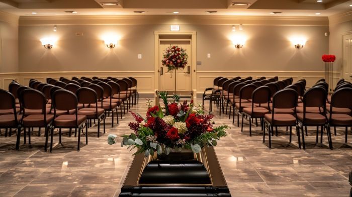 funeral home and cremations Taylor, MI chapel with rows of chairs and red rose floral arrangement on bier.