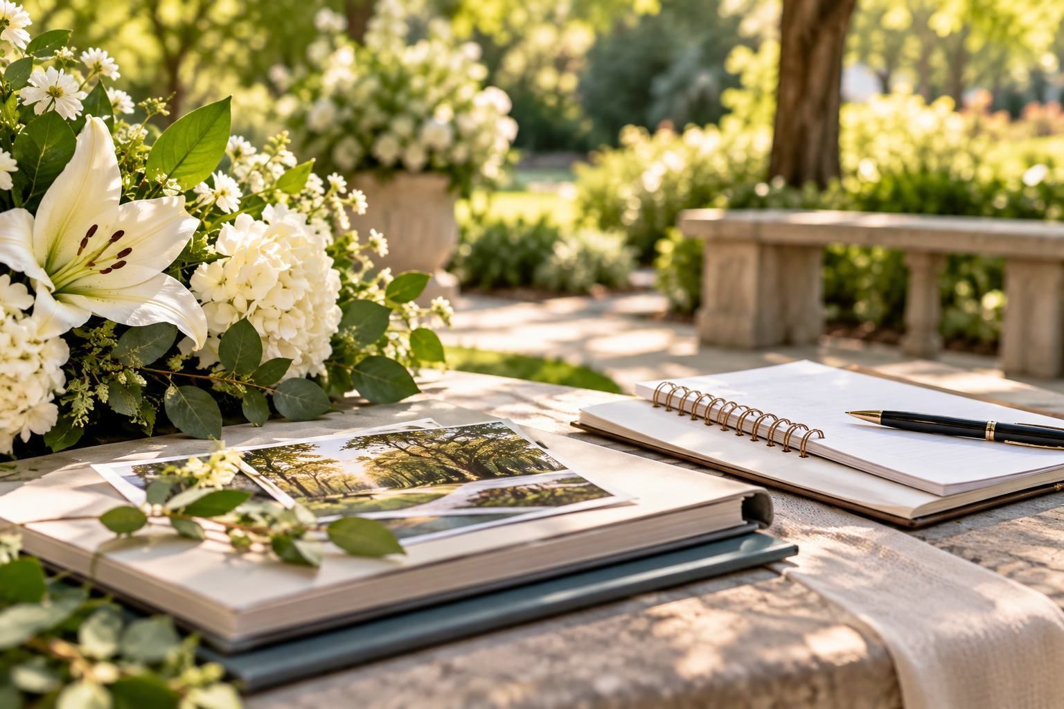Funeral planning with flowers and memorial photos in a peaceful Dearborn, MI setting