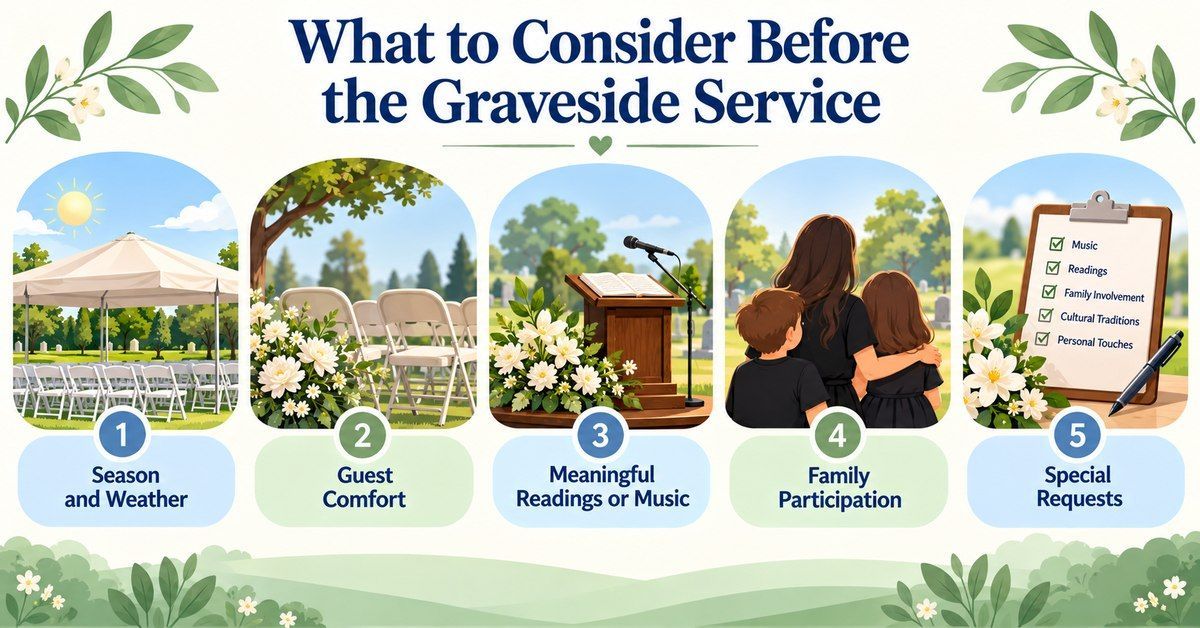 Five illustrated considerations for planning a graveside gathering in Taylor, MI.